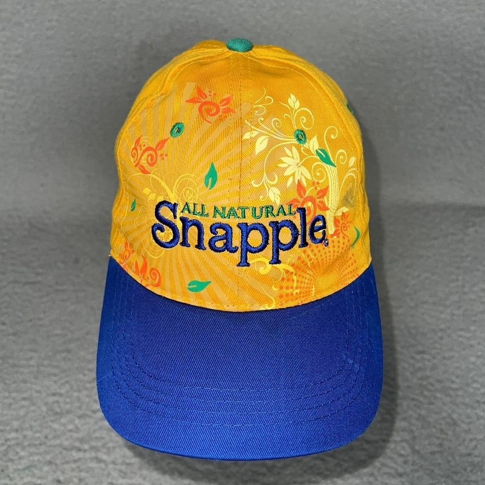 VTG Snapple All Natural Snack Promo Baseball Cap Yellow Blue Strapback Hat Y2K